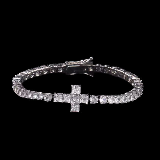 .925 STERLING SILVER 4MM DIAMOND CROSS TENNIS CHAIN